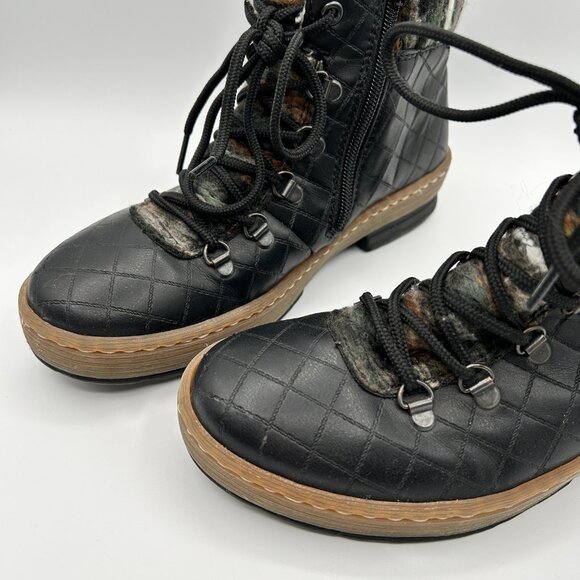 Rieker Boots 38 US 7 Black Leather Quilted Ankle Booties Sherpa Lace Up - Picture 2 of 13